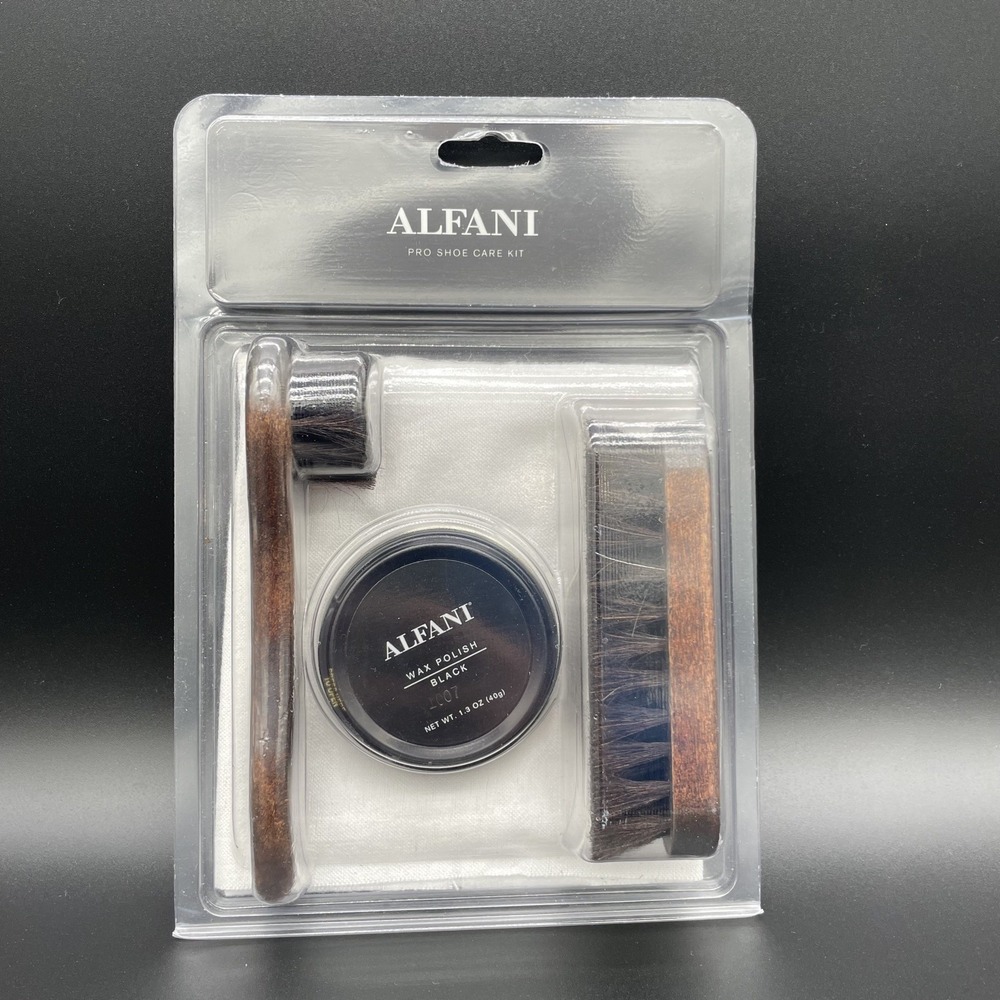 ALFANI 4 - Piece Pro Shoe Care Kit Premium Black Polish 100% Horse hair Brush